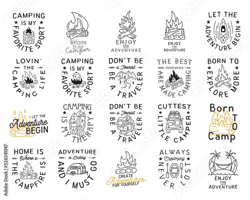 Camping T Shirt Designs Collection in minimalist Line Art Style with Different Quotes. Travel linear Emblems. Hiking Silhouette Labels. Stock vector Badges