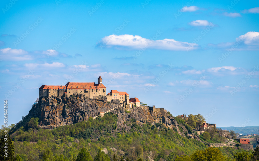 Beautiful panorama view of Riegersburg castle on a sunny summer day with blue sky cloud, Feldbach, Styria, Austria