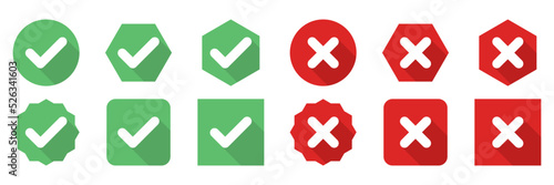 Check and wrong marks Icon Set, Tick and cross marks, Accepted,Rejected, Approved,Disapproved, Yes,No, Right,Wrong, Green,Red, Correct,False, Ok,Not Ok - vector mark symbols in green and red.