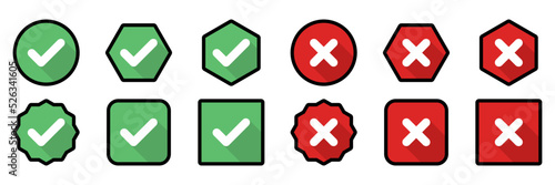 Check and wrong marks Icon Set, Tick and cross marks, Accepted,Rejected, Approved,Disapproved, Yes,No, Right,Wrong, Green,Red, Correct,False, Ok,Not Ok - vector mark symbols. Black stroke design.