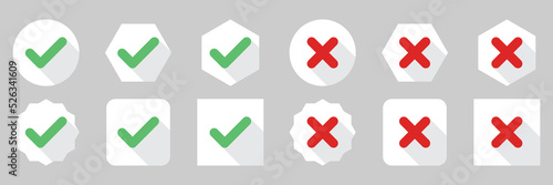 Check and wrong marks Icon Set, Tick and cross marks, Accepted,Rejected, Approved,Disapproved, Yes,No, Right,Wrong, Green,Red, Correct,False, Ok,Not Ok - vector mark symbols in green and red.