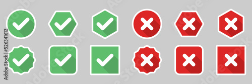 Check and wrong marks Icon Set, Tick and cross marks, Accepted,Rejected, Approved,Disapproved, Yes,No, Right,Wrong, Green,Red, Correct,False, Ok,Not Ok - vector mark symbols. White stroke design.