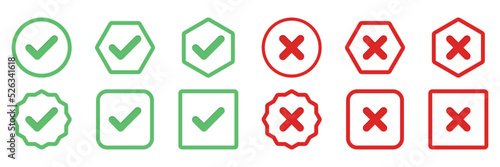 Check and wrong marks Icon Set, Tick and cross marks, Accepted,Rejected, Approved,Disapproved, Yes,No, Right,Wrong, Green,Red, Correct,False, Ok,Not Ok - vector mark symbols in green and red.