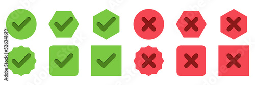 Check and wrong marks Icon Set, Tick and cross marks, Accepted,Rejected, Approved,Disapproved, Yes,No, Right,Wrong, Green,Red, Correct,False, Ok,Not Ok - vector mark symbols in green and red.