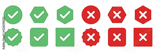 Check and wrong marks Icon Set, Tick and cross marks, Accepted,Rejected, Approved,Disapproved, Yes,No, Right,Wrong, Green,Red, Correct,False, Ok,Not Ok - vector mark symbols in green and red.