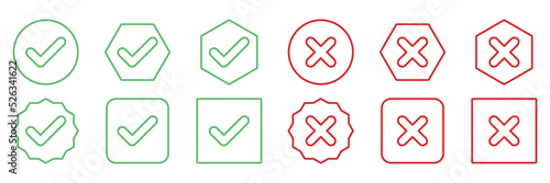 Check and wrong marks Icon Set, Tick and cross marks, Accepted,Rejected, Approved,Disapproved, Yes,No, Right,Wrong, Green,Red, Correct,False, Ok,Not Ok - vector mark symbols in green and red.