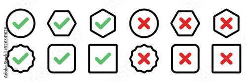 Check and wrong marks Icon Set, Tick and cross marks, Accepted,Rejected, Approved,Disapproved, Yes,No, Right,Wrong, Green,Red, Correct,False, Ok,Not Ok - vector mark symbols in green and red.