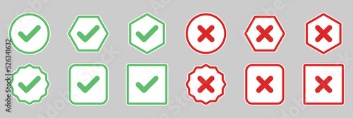 Check and wrong marks Icon Set, Tick and cross marks, Accepted,Rejected, Approved,Disapproved, Yes,No, Right,Wrong, Green,Red, Correct,False, Ok,Not Ok - vector mark symbols in green and red.