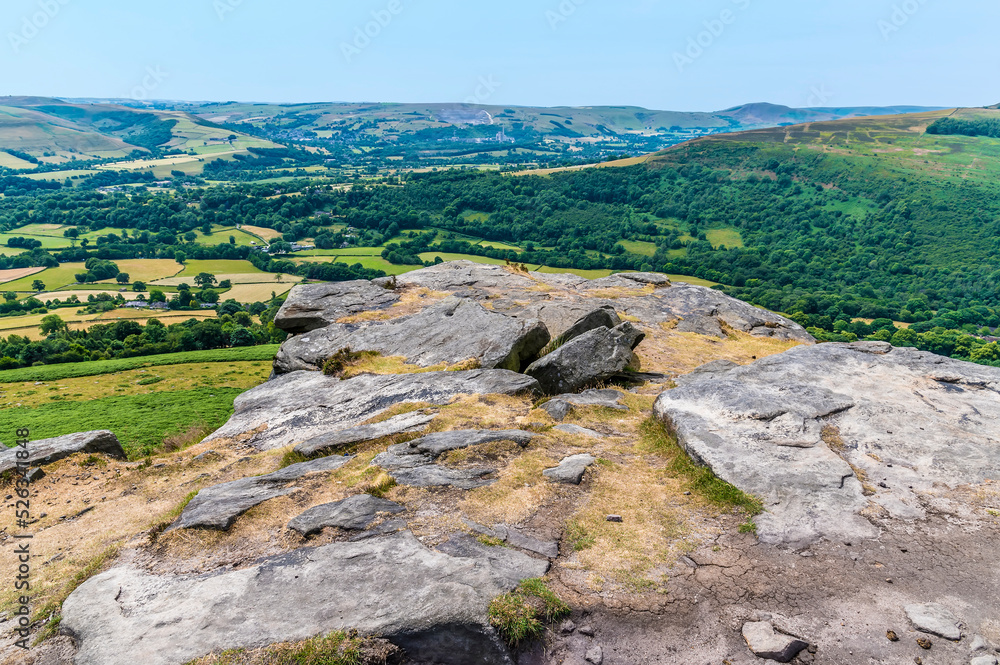 A view across the rocky top of Bamford Edge, UK in summertime