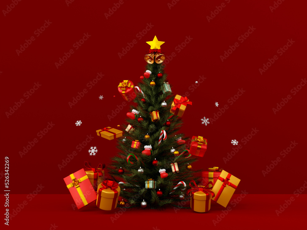 Christmas tree with gift, Merry Christmas, 3d illustration