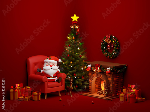 Santa Claus sitting in front of fireplace in room decorated by Christmas tree and gift box, 3d illustration