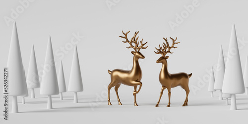 Fotografiet 3d illustration banner of reindeer in pine forest on white background