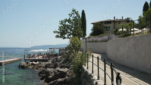 Cafe bar and coastline between Lovran and Ika and Adriatic Sea, Lovran, Eastern Istria