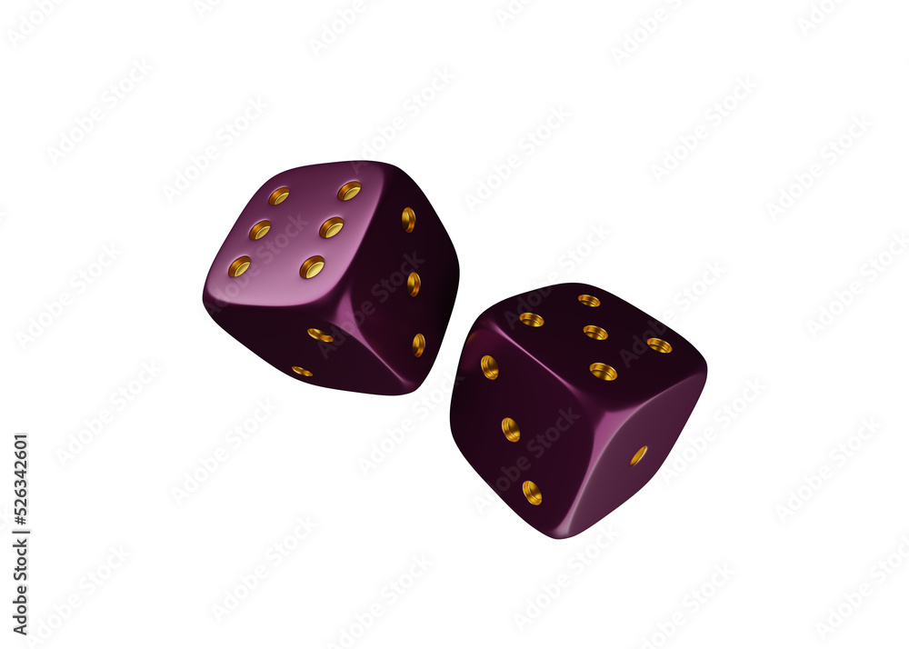 concept of gamble two purple dice and gold dot isolated on white background. concept of gamble casino red dice and white dot isolated on white background. 3d illustration concept of gamble two purple dice and gold dot isolated on white background. concept of gamble casino red dice and white dot isolated on white background. 3d illustration