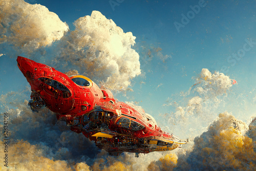 red flying car in the futuristic city on alien planet, 3d rendering and digital painting, concept illustration © Tiziano Cremonini