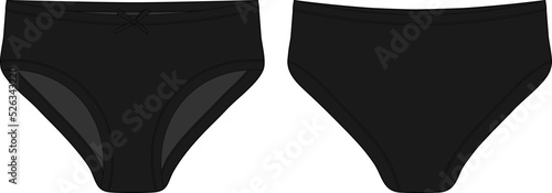 Technical sketch of briefs for girls. Female underpants. Black color. Women casual panties