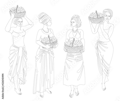 Collection. Silhouettes of a girl in a headscarf. The lady is holding a basket of bananas in her hands. Woman in modern one line style. Solid line, outline, logo. Vector illustration, set.