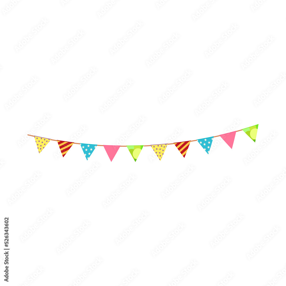 Obraz premium Happy birthday party, birthday party, colorful party flags, flat vector illustration and icons