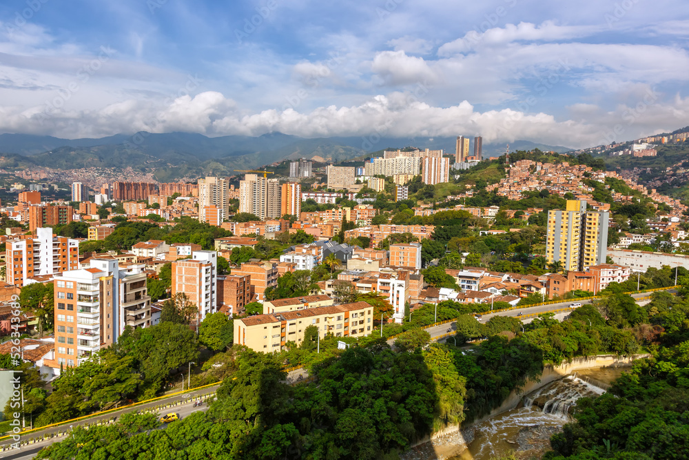 Medellin town city travel view on Robledo and Los Colores districts in Colombia
