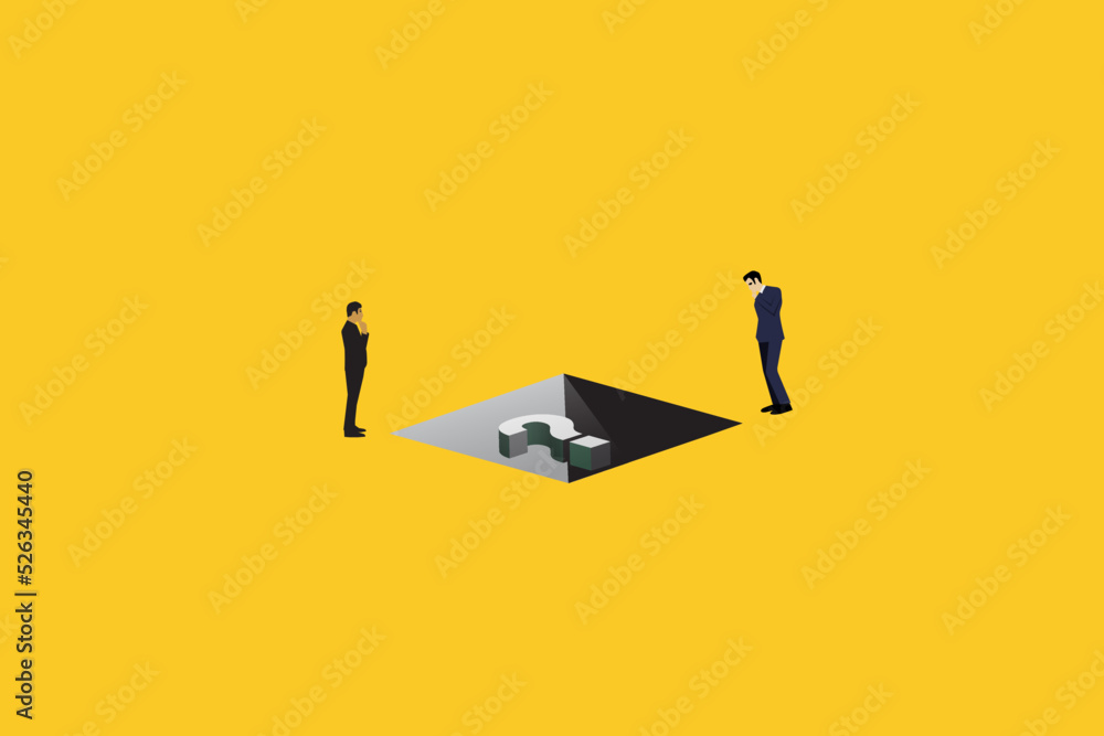 Businessman looking at a question symbol, try to resolve business problem concept Businessman looking at a question symbol, try to resolve business problem concept