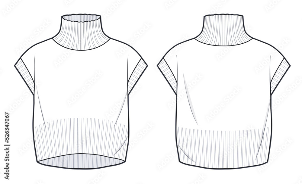 Women's Roll Neck Sweater, Crop Vest technical fashion illustration. Sweater Vest technical