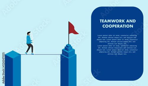 Business risk and professional strategy concept - businessman walking on a tightrope between two tall buildings - conceptual illustration for banner or poster