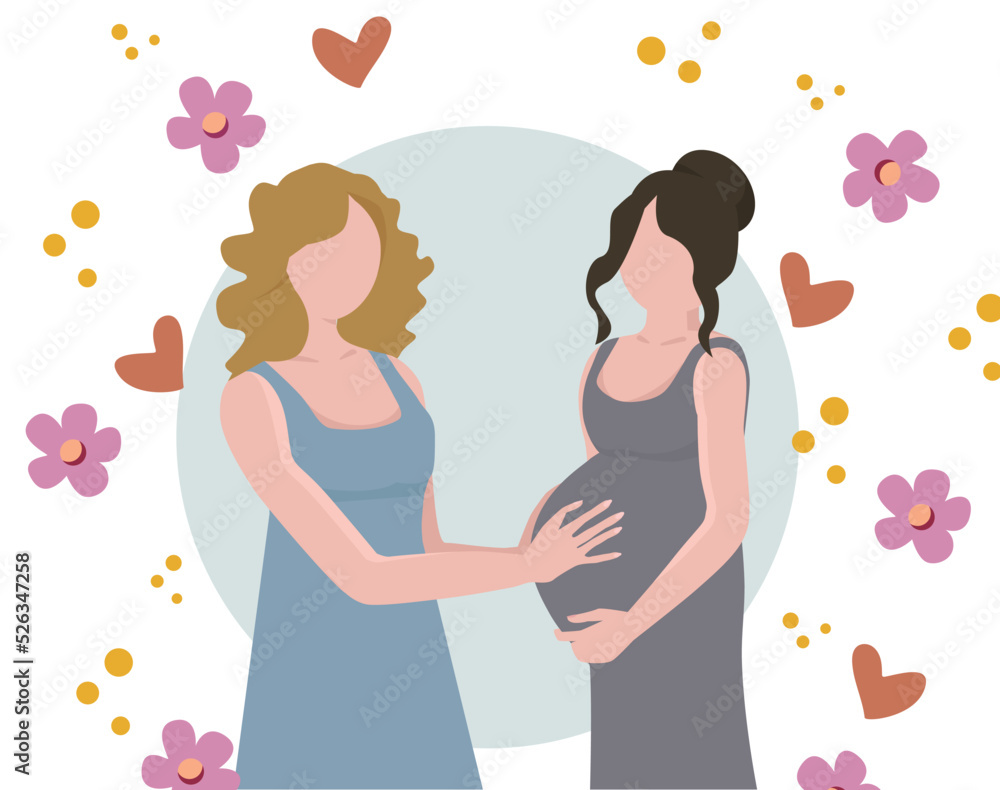 Flat style illustration. The young woman gently touches the pregnant belly of her friend. There are flowers in the background. Flat style illustration. The young woman gently touches the pregnant belly of her friend. There are flowers in the background.