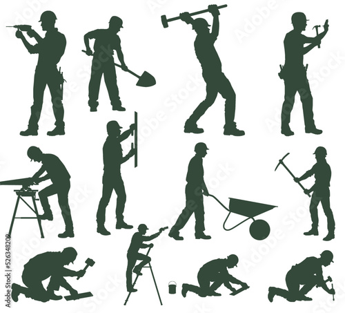 Big set of silhouettes of working builders
