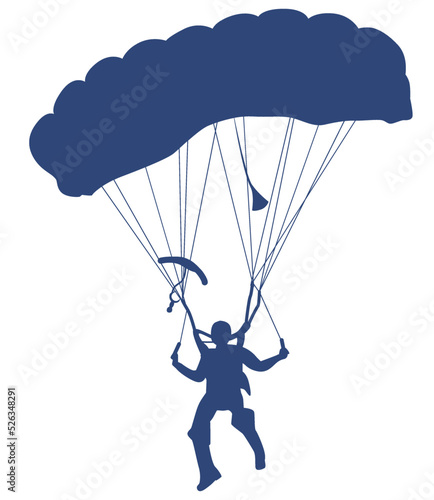 Flying skydiver silhouette. Open parachute.