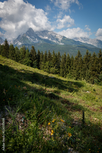 Blick zum wolkenverhangenen Watzman am Jenner in den Berchtesgadener Alpen