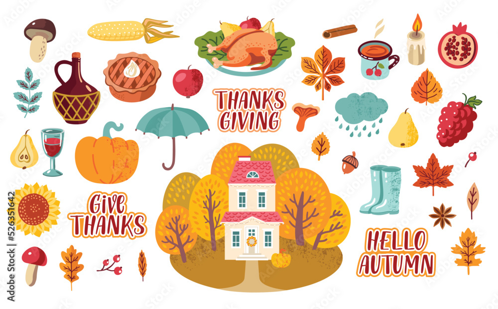 Fototapeta premium Thanksgiving vector clipart collection. Digital stickers pack