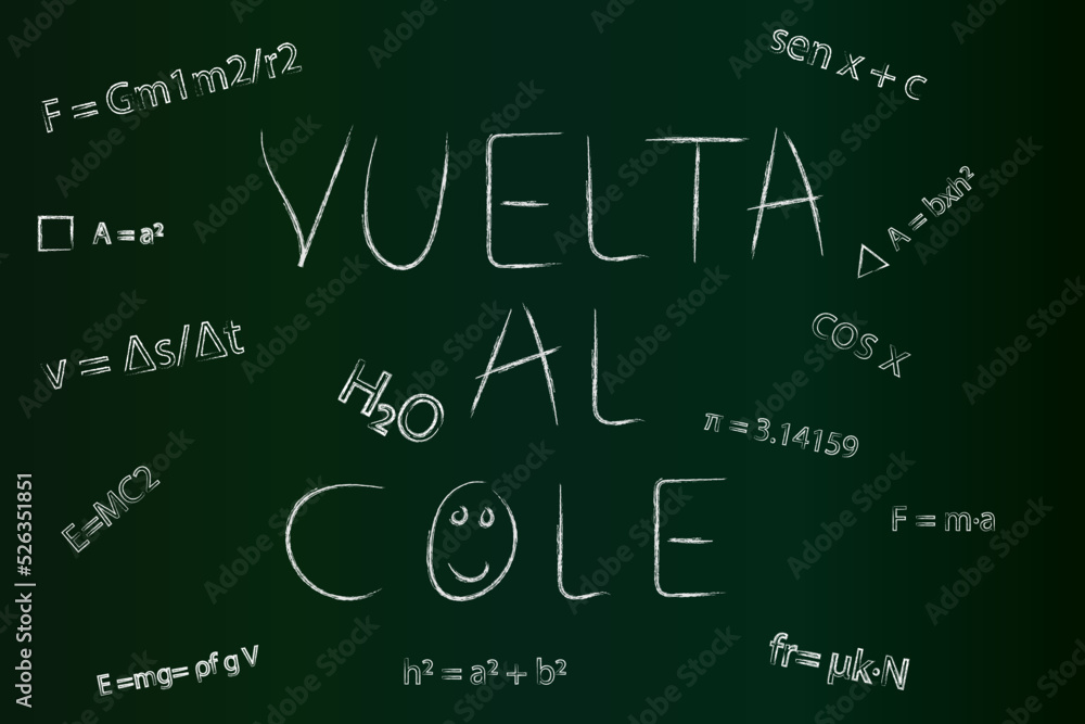 Back to school written on blackboard next to mathematical formulas, says Back to school written on blackboard next to mathematical formulas, says