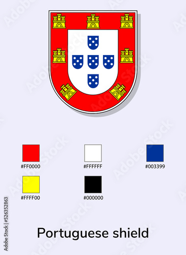 Vector Illustration of Portuguese shield flag isolated on light blue background. Illustration Portuguese shield flag with Color Codes. As close as possible to the original.