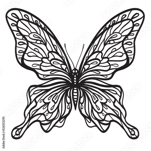 Openwork patterned butterfly  black and white vector image  insect silhouette.