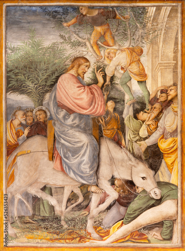 VARALLO, ITALY - JULY 17, 2022: The renaissance fresco of Entry of Jesus in Jerusalem - Palm Sunday in the church Chiesa Santa Maria delle Grazie by Gaudenzio Ferrari (1513).