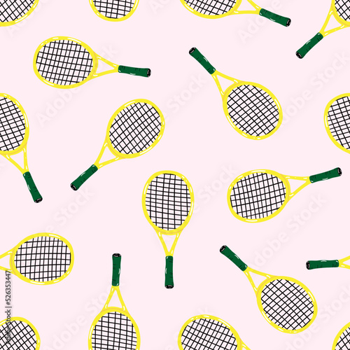 Seamless pattern with tennis racquet on pink background. Isolated vector illustration of sport equipment.  Fitness concept for wrapping paper,sports banners. Colorful print in flat style