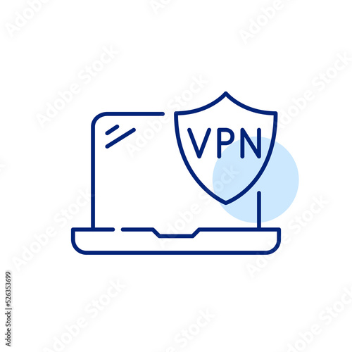 Secure VPN service used on a laptop. Pixel perfect, editable stroke line art icon