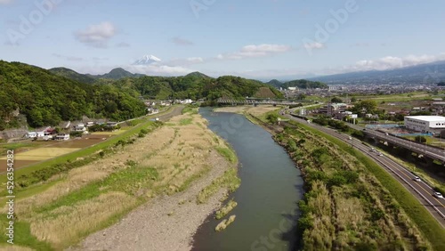 Drone shot of a river surrounded by land in Izunokuni, Japan photo