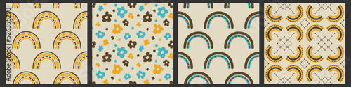 Groovy retro 70s rainbow seamless pattern. 4 old school 1970 good vibes vector background set. Warm abstract wallpaper