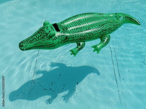 Green crocodile-shaped inflatable swimming on a surface of a pool
