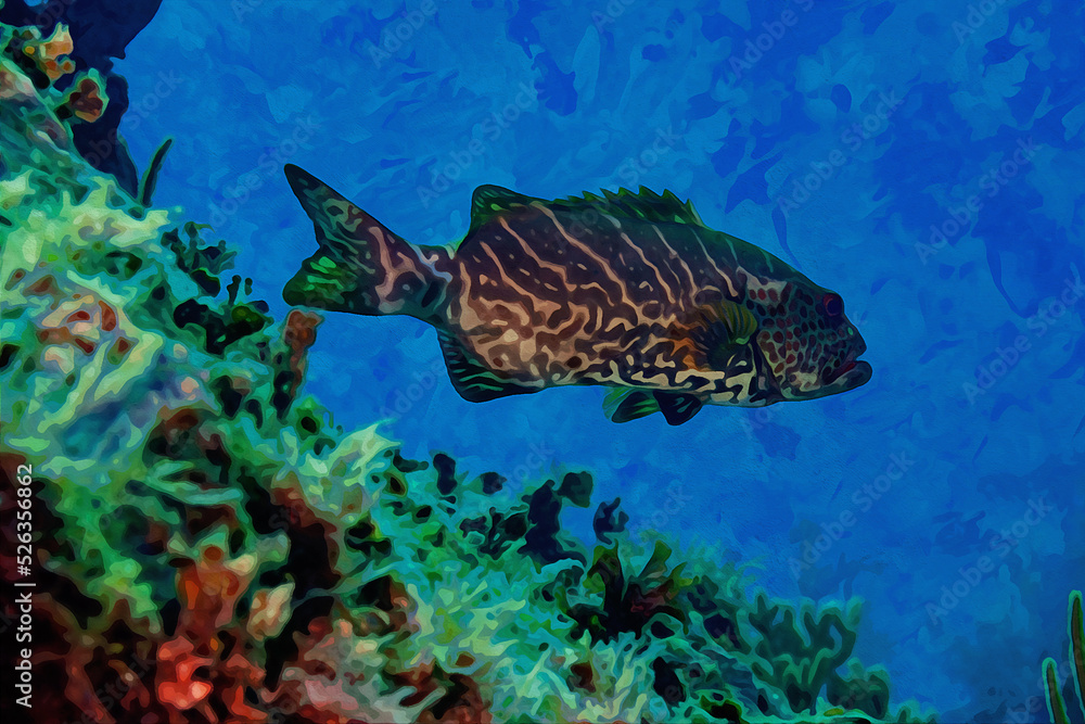 Fototapeta premium Digitally created watercolor painting of a Tiger Grouper swimming over coral