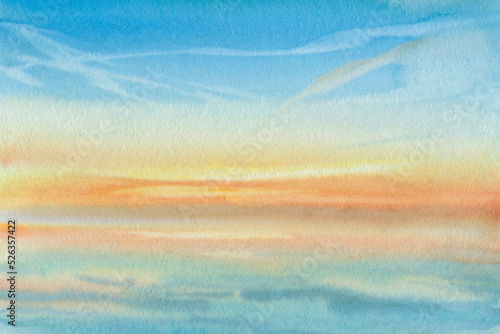 Watercolor seascape, sunset over the ocean, abstract background on textured paper painted with a brush
