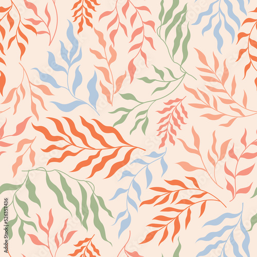 Vector botanical seamless pattern with color branches, leaves isolated on white background.