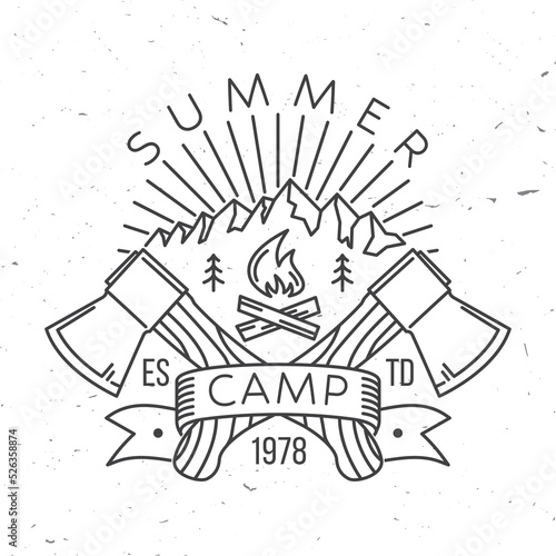 Summer Camp. Vector illustration. Concept for shirt or logo, print, stamp or tee. Vintage line art typography design with axe, campfire, forest and mountain silhouette. Camping quote.