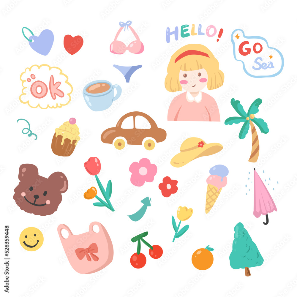Cute Hand Painted Summer Stickers Illustration Elements Cute Hand Painted Summer Stickers Illustration Elements