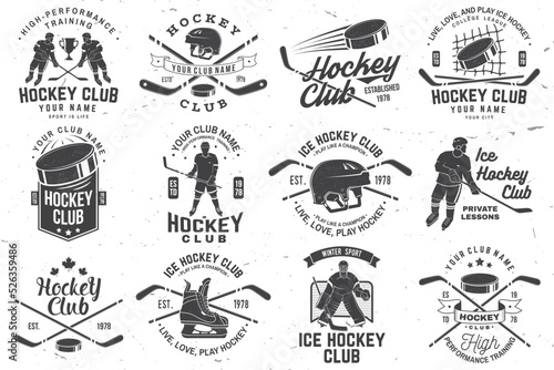 Ice Hockey club logo, badge design. Concept for shirt or logo, print, stamp or tee. Winter sport. Vintage typography design with player, sticker, puck helmet and skates silhouette. Vector.