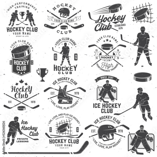 Ice Hockey club logo, badge design. Concept for shirt or logo, print, stamp or tee. Winter sport. Vintage typography design with player, sticker, puck helmet and skates silhouette. Vector.