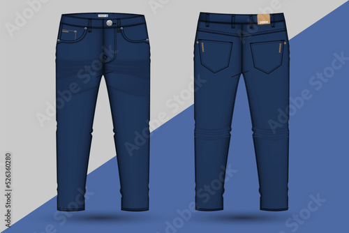 Denim pant design and mockup. Men's trousers technical fashion illustration. Denim pant technical sketch for tech pack design front and back view with denim pocket