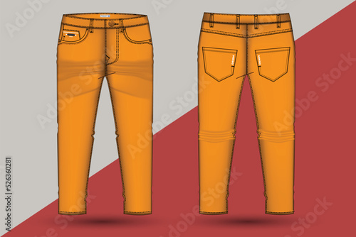 Denim pant design and mockup. Men's trousers technical fashion illustration. Denim pant technical sketch for tech pack design front and back view with denim pocket