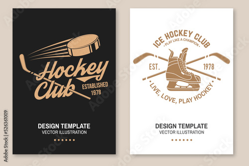 Ice Hockey club logo, badge design. Concept for shirt or logo, print, stamp or tee. Winter sport. Flyer, brochure, banner, poster with player, sticker, puck helmet and skates silhouette. Vector.